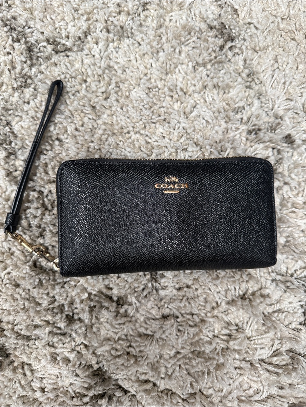 Coach Black Leather Zip-Around Wristlet Wallet with Gold Logo